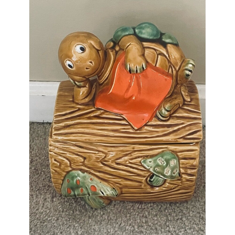 Vintage MCM Turtle & Mushroom Ceramic Catchall Cookie Jar Trinket Recipe Holder